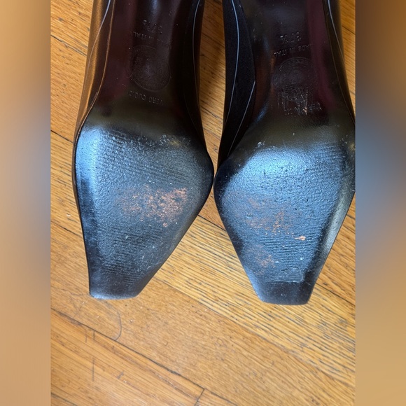 90s Vintage Gianni Versace Black Pinstripe Stiletto Heels Sz 37.5 - Picture 9 of 12